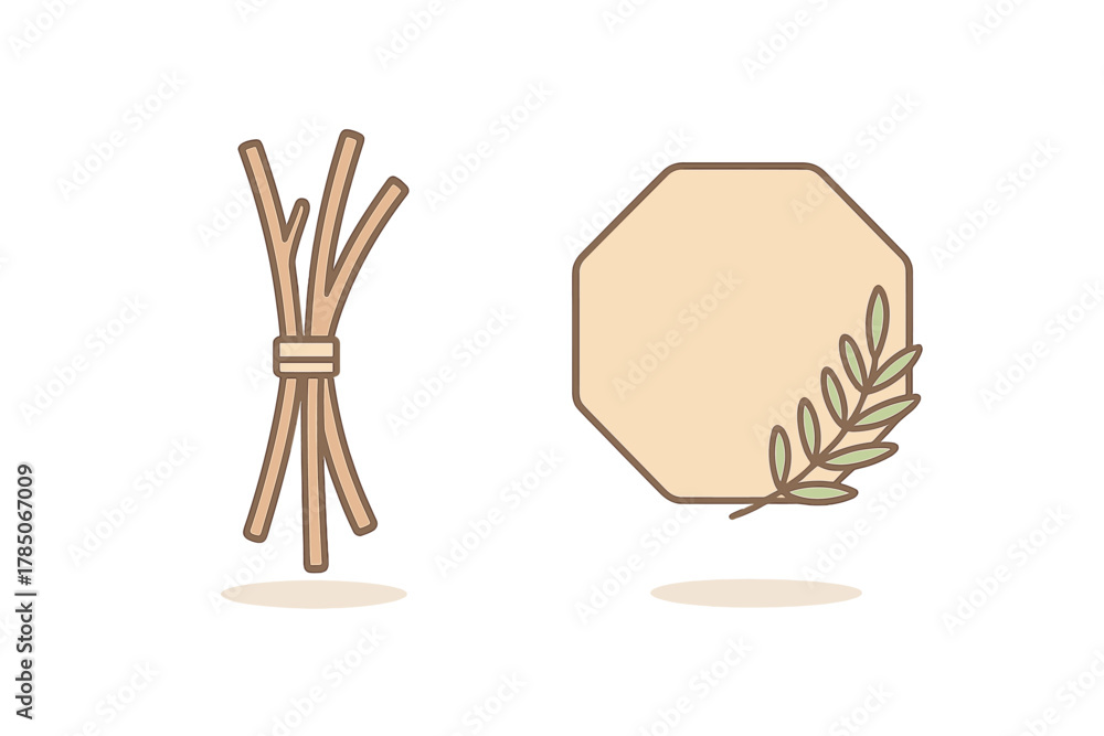 Fototapeta premium Bundle of dry straw stalks next to blank organic label with leaf accent