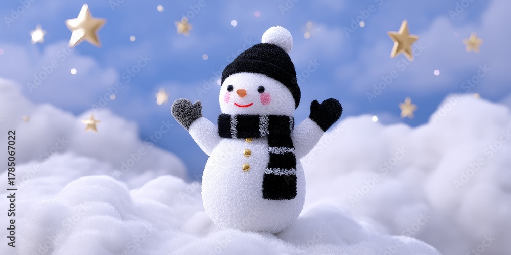 Naklejka premium Cheerful snowman with scarf and hat on cloudy, starry background