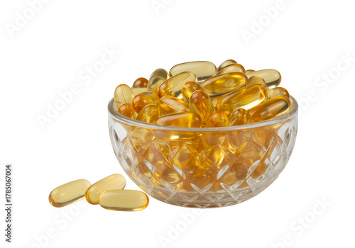 Golden omega-3 capsules in crystal bowl for wellness promotion, healthy lifestyle and nutritional supplement ads
