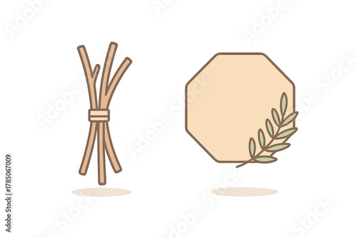 Bundle of dry straw stalks next to blank organic label with leaf accent