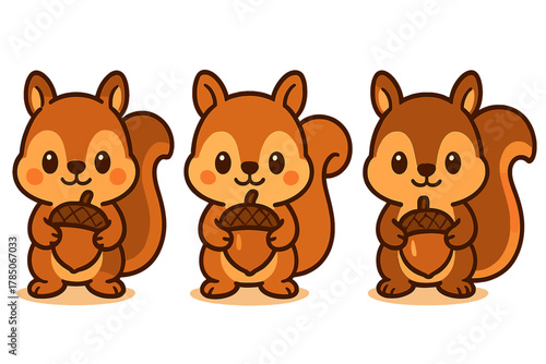 Three cartoon squirrels holding acorns in various poses