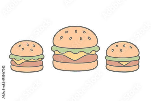 Three stylized hamburgers with cheese and lettuce in different sizes