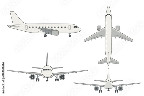 Commercial passenger jet views from side front top and rear angles