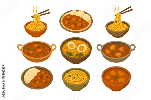 Assortment of Asian Noodle Soups and Curry Dishes Served in Bowls