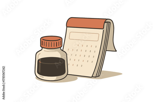 Inkwell bottle and desk calendar stationery objects for planning and writing