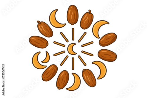 Pattern of crescent moons and dates with radiating sun beams