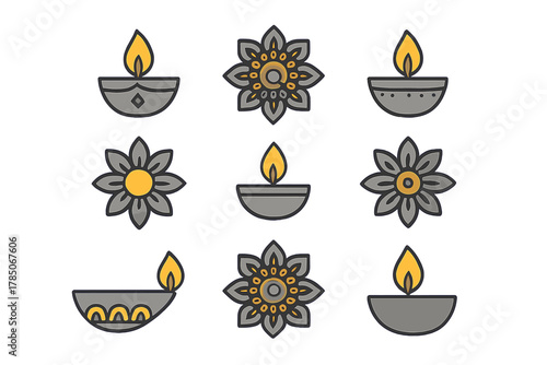 Set of traditional oil lamp and floral icons for religious celebration