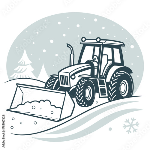 Snow-clearing tractor in a winter landscape with a snowflake icon Keywords: tractor, snowplow