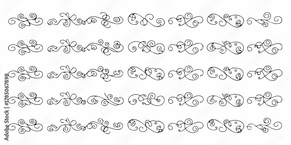 Fototapeta premium Collection of elegant black hand drawn flourish dividers and decorative elements on a white background