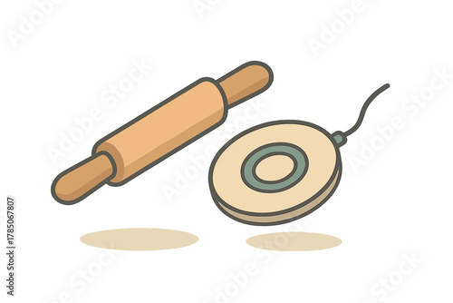 Wooden rolling pin and round kitchen timer set for baking