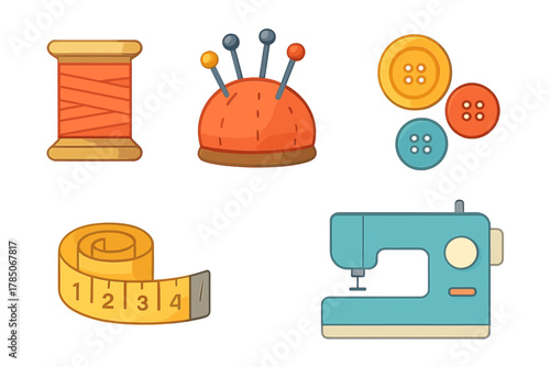 Colorful sewing notions set with thread spool pins buttons and measuring tape