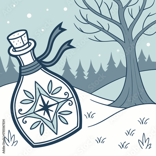 Winter landscape with a decorative bottle and bare tree Keywords: winter, landscape, bottle