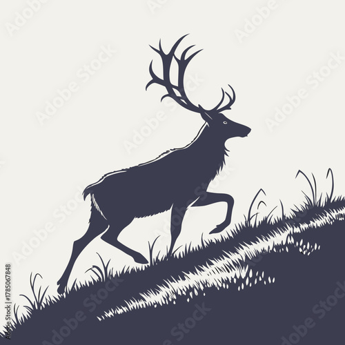 Running Deer Silhouette with Antlers on Grassy Hill hoof illustration