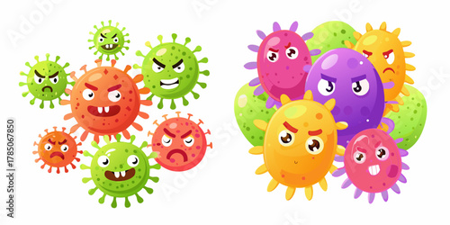 Group of cute cartoon viruses and bacteria with different expressions and emotions