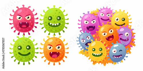 Collection of colorful cartoon virus characters with different facial expressions and emotions on a white background