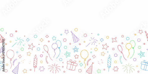 Seamless colorful doodle pattern of birthday party elements on white background