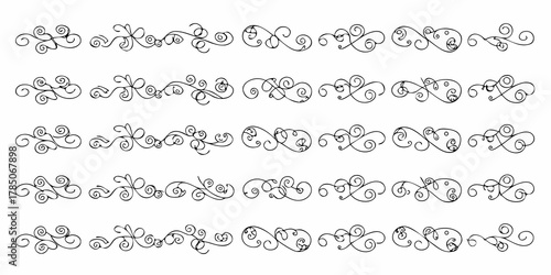 Collection of elegant black hand drawn flourish dividers and decorative elements on a white background