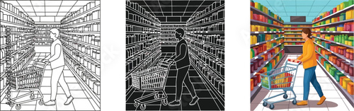 Illustration of a person shopping in a supermarket aisle, presented in three styles