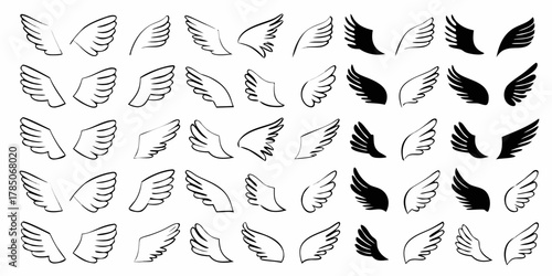 Collection of hand drawn angel wings and bird wings in black and white outline style