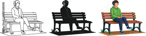 Three variations of a man sitting on a park bench listening to music