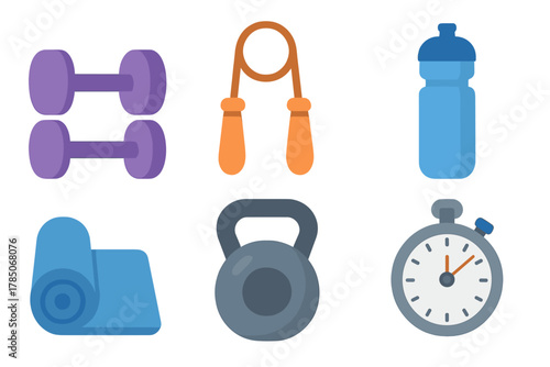 Colorful fitness and workout equipment icons for exercise and training concepts
