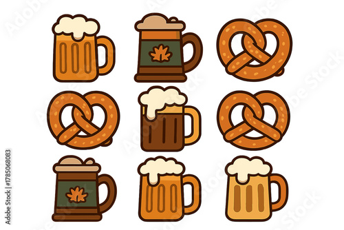 Set of beer mugs and pretzels icons for festive occasions