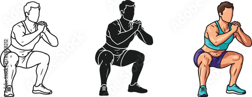 Three versions of a man doing a squat exercise