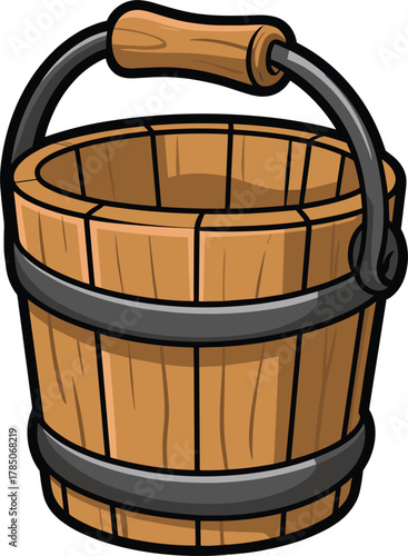 Wooden bucket with metal bands and handle barrel container