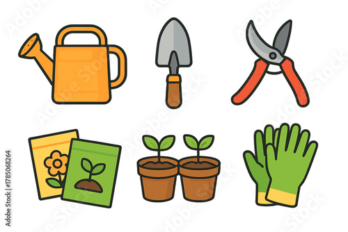 Colorful set of essential gardening tools and planting icons