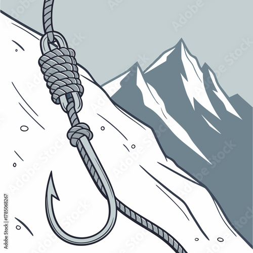 Fishing Hook and Rope Against Snowy Mountain Background cord