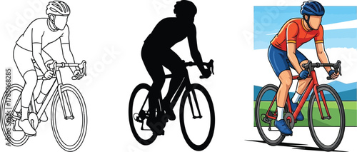 Three versions of a cyclist riding a bike