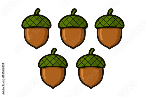Five stylized acorns with green caps and brown bodies