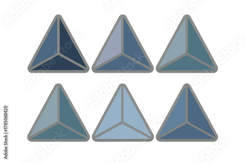 Set of six blue triangular geometric shapes with internal division lines