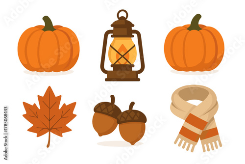 Set of autumn harvest and cozy seasonal icons including pumpkin, lantern, leaf, and scarf