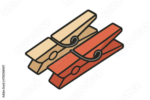 Two wooden clothespins, one natural and one painted red, isolated on white