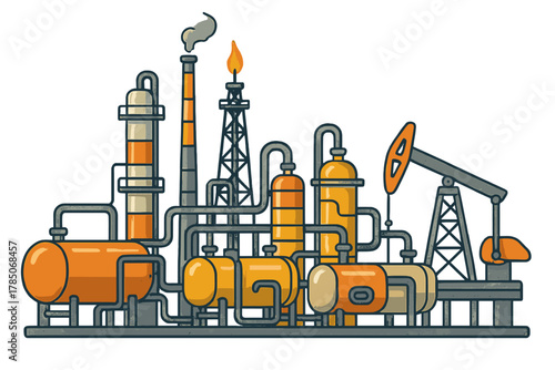 Oil and gas processing facility with pumpjack and industrial equipment