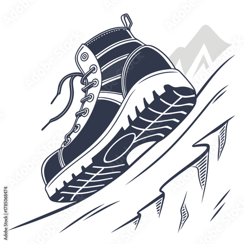 Hiking Boot Climbing A Snowy Mountain Peak Vector Art Keywords: hiking boot, mountain, climbing
