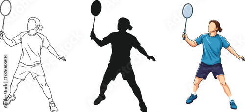 Badminton player in action, three different styles outline, silhouette, and full color