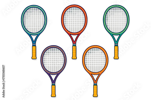 Five colorful tennis rackets with contrasting yellow grips