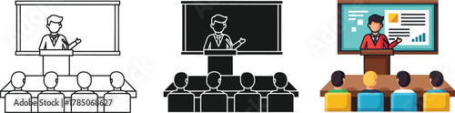 Lecturer giving a presentation, three different styles outline, silhouette, and full color