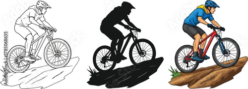 Mountain biker riding a trail, three different styles outline, silhouette, and full color