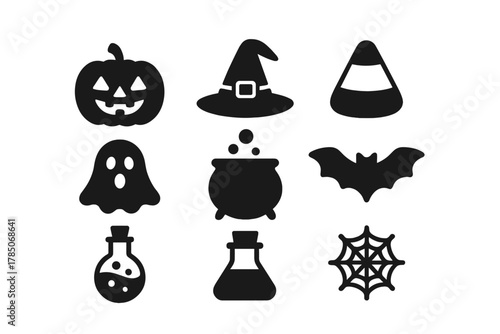 Nine black silhouette icons for Halloween celebration and spooky theme elements