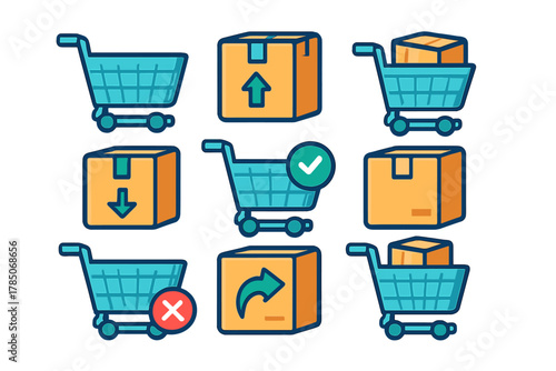 E-commerce shopping cart and delivery package symbols for online retail