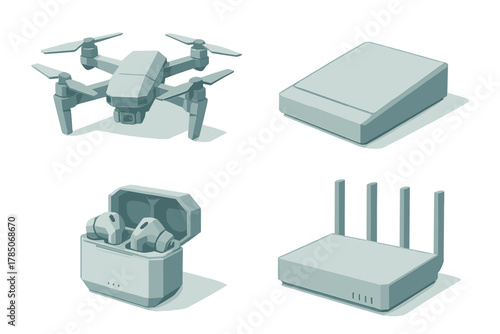 Isometric collection of modern consumer electronics devices and gadgets