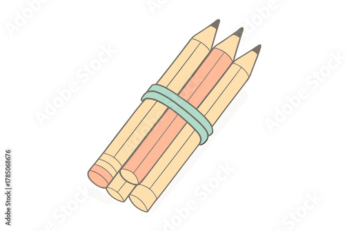 Three sharpened wooden pencils secured together with a light blue rubber band