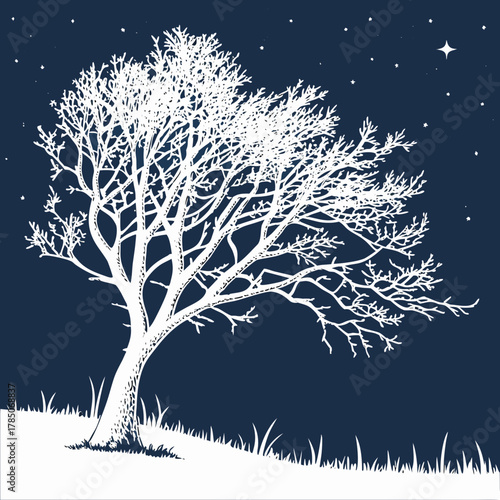 White bare tree silhouette against a starry night sky and grassy hill vector illustration