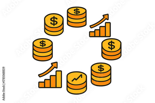 Circular arrangement of dollar coins and rising bar charts icons