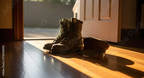 Military boots and cap in morning light on wooden floor, honoring veterans day. November 11