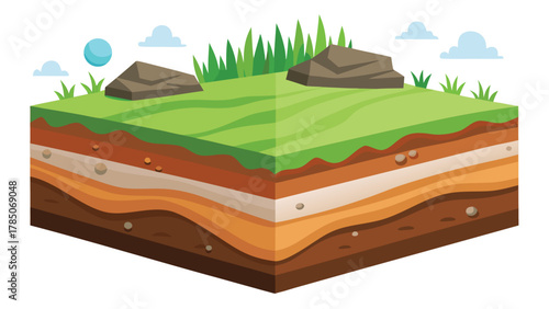 Soil Layers and Ground Cross Section with Grass, Topsoil, Subsoil, and Rock Foundation Vector Illustration, Earth Structure Diagram for Landscape, Geology, and Environmental Design