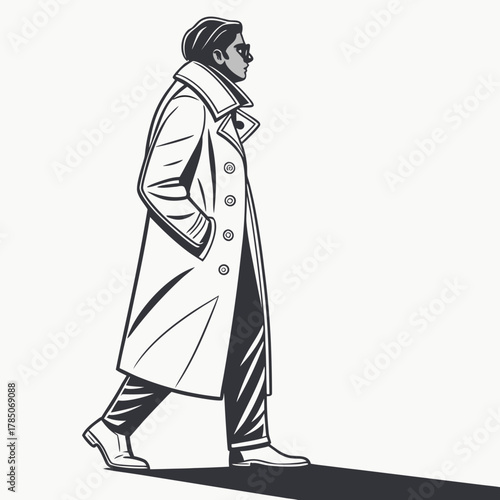 Stylized man in trench coat walking with hands in pockets person fashion